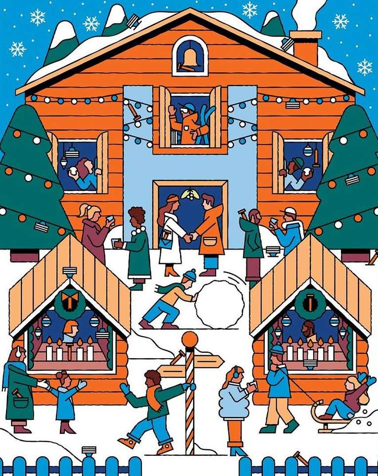 Festive winter illustration with a cozy lodge scene, people enjoying activities, and snow-covered trees against a blue sky with snowflakes.