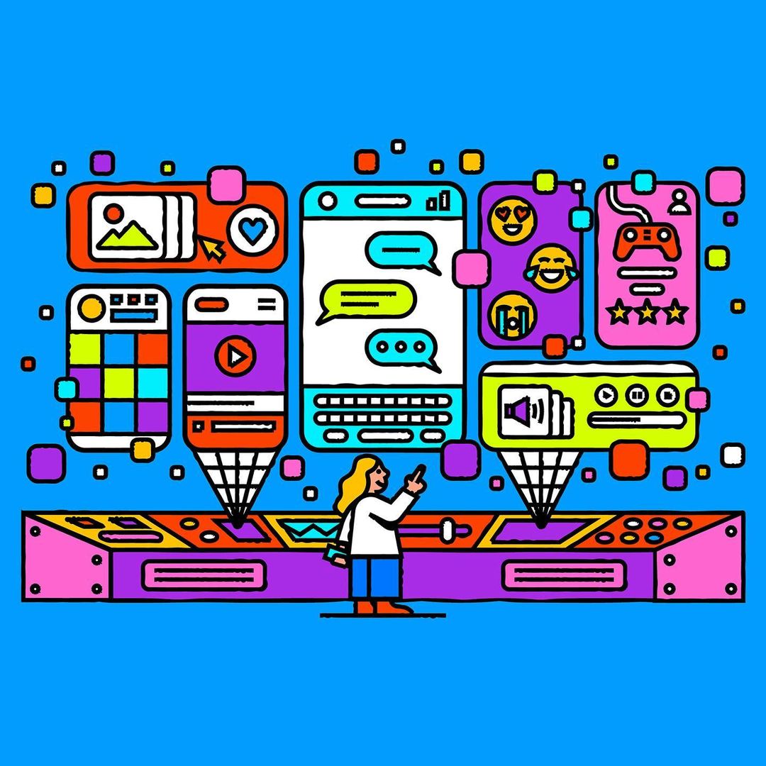 Illustration of a woman interacting with a display of social media and app interfaces against a bright blue background.