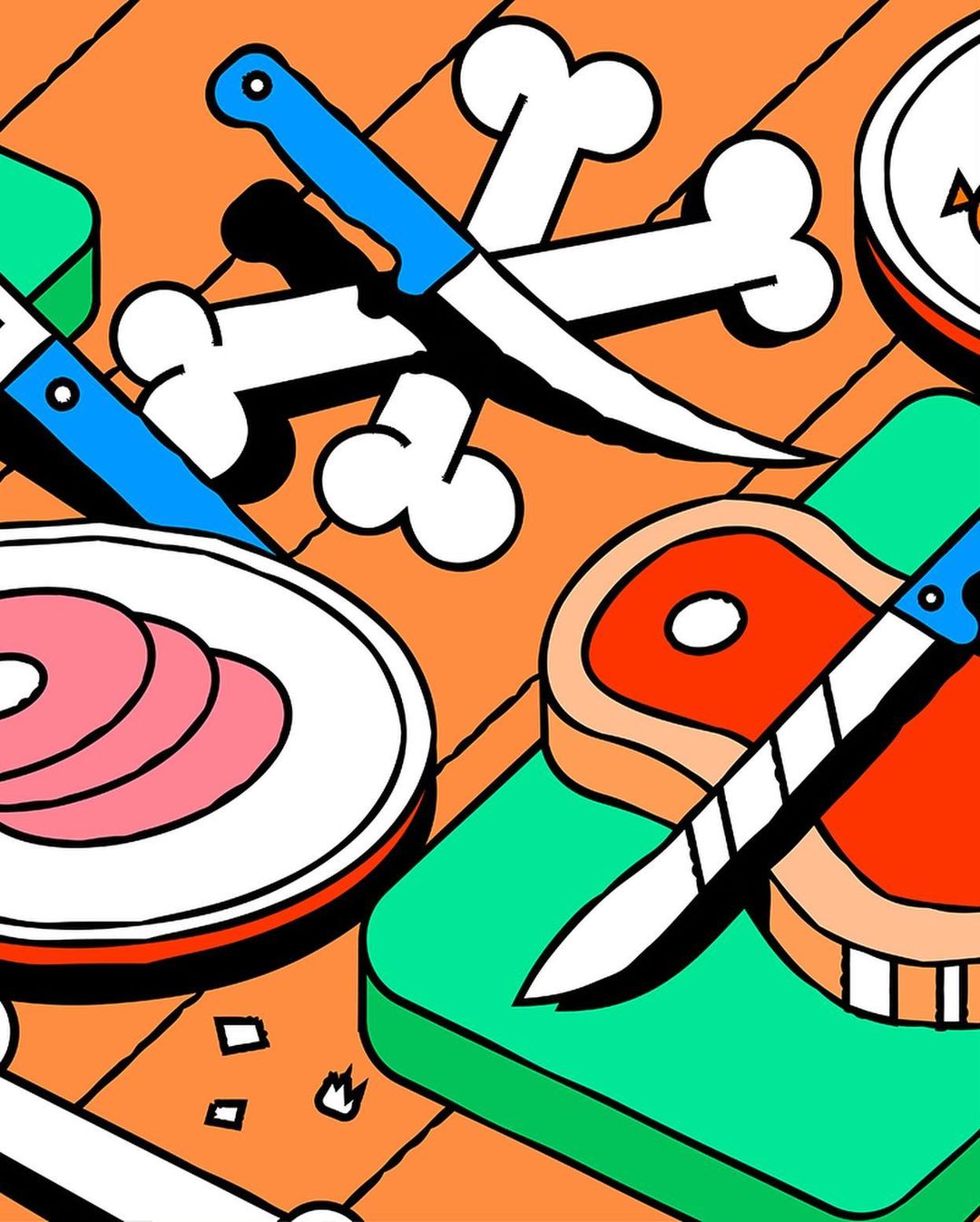 Graphic illustration of sliced meat, bones, and knives on cutting boards with an orange background and white accents and outlines.
