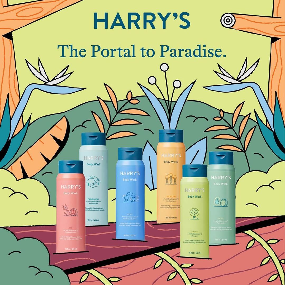 Multiple bottles of Harry's body wash are displayed against a whimsical jungle-themed backdrop, featuring vibrant colors and bold illustrations.