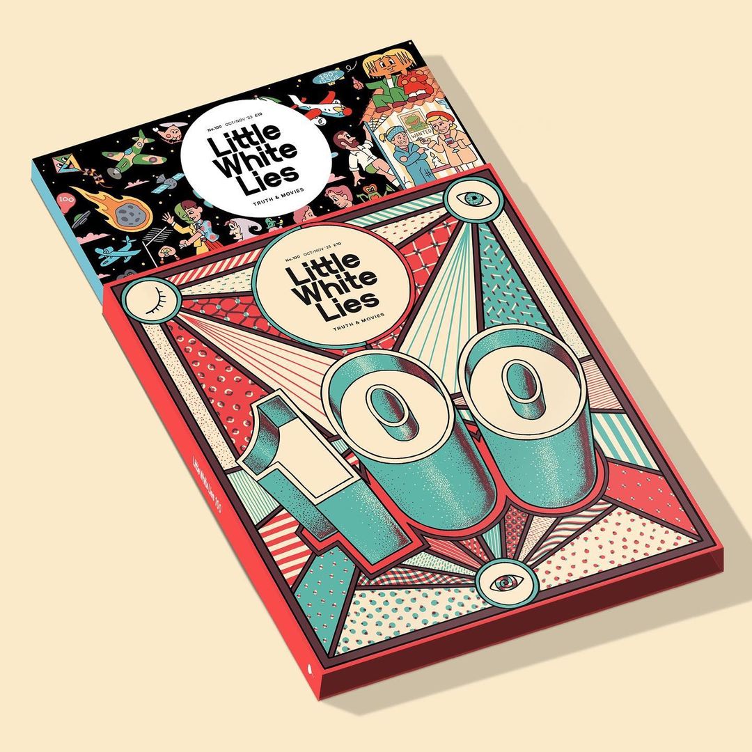Stack of two 'Little White Lies' books with graphic covers, one featuring geometric designs and the other a cartoon collage of people.