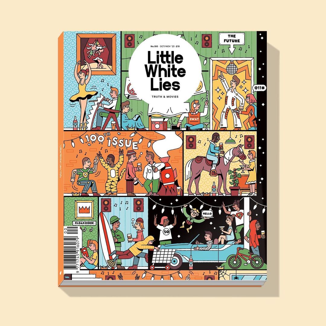 Illustration of a 'Little White Lies' magazine cover featuring cartoon people and scenes related to movies, brightly colored.