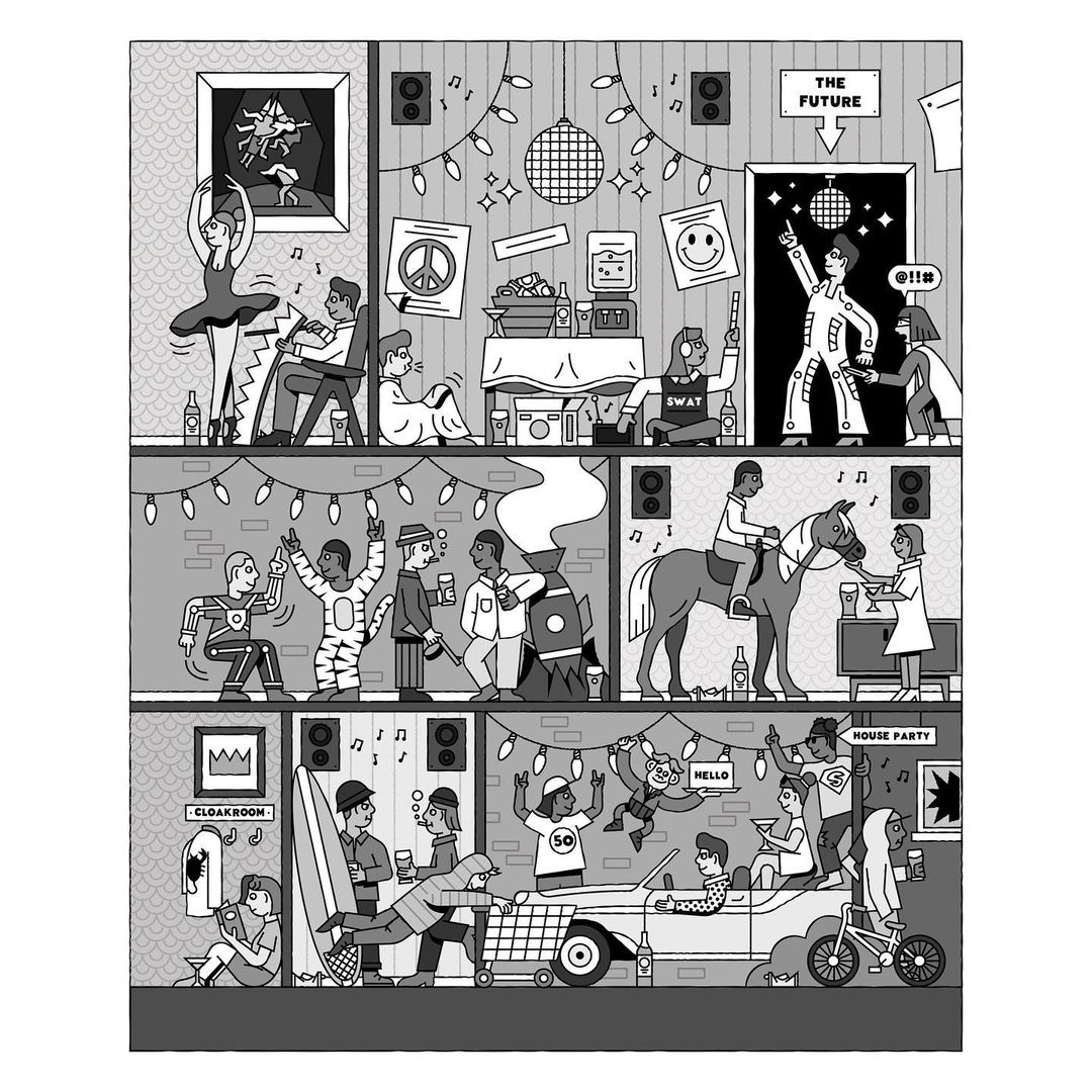 Detailed black-and-white illustration of a three-story building interior with people celebrating in various party scenes.