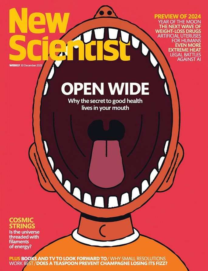 New Scientist magazine cover featuring an illustration of a person with a wide-open mouth and an article about health in the mouth.