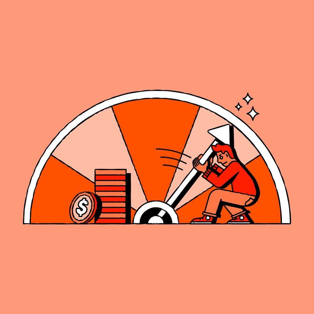 Illustration of an androgynous character adjusting a lever on a gauge next to a stack of coins on a light peach-colored background.