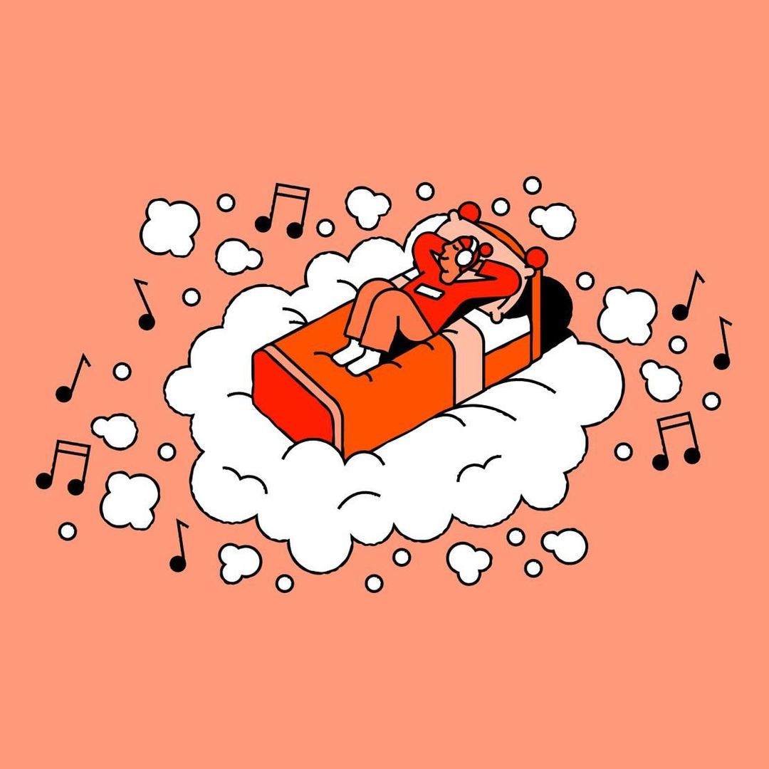 Illustration of a person relaxing in bed with musical notes and clouds in the background on a peach-colored canvas.