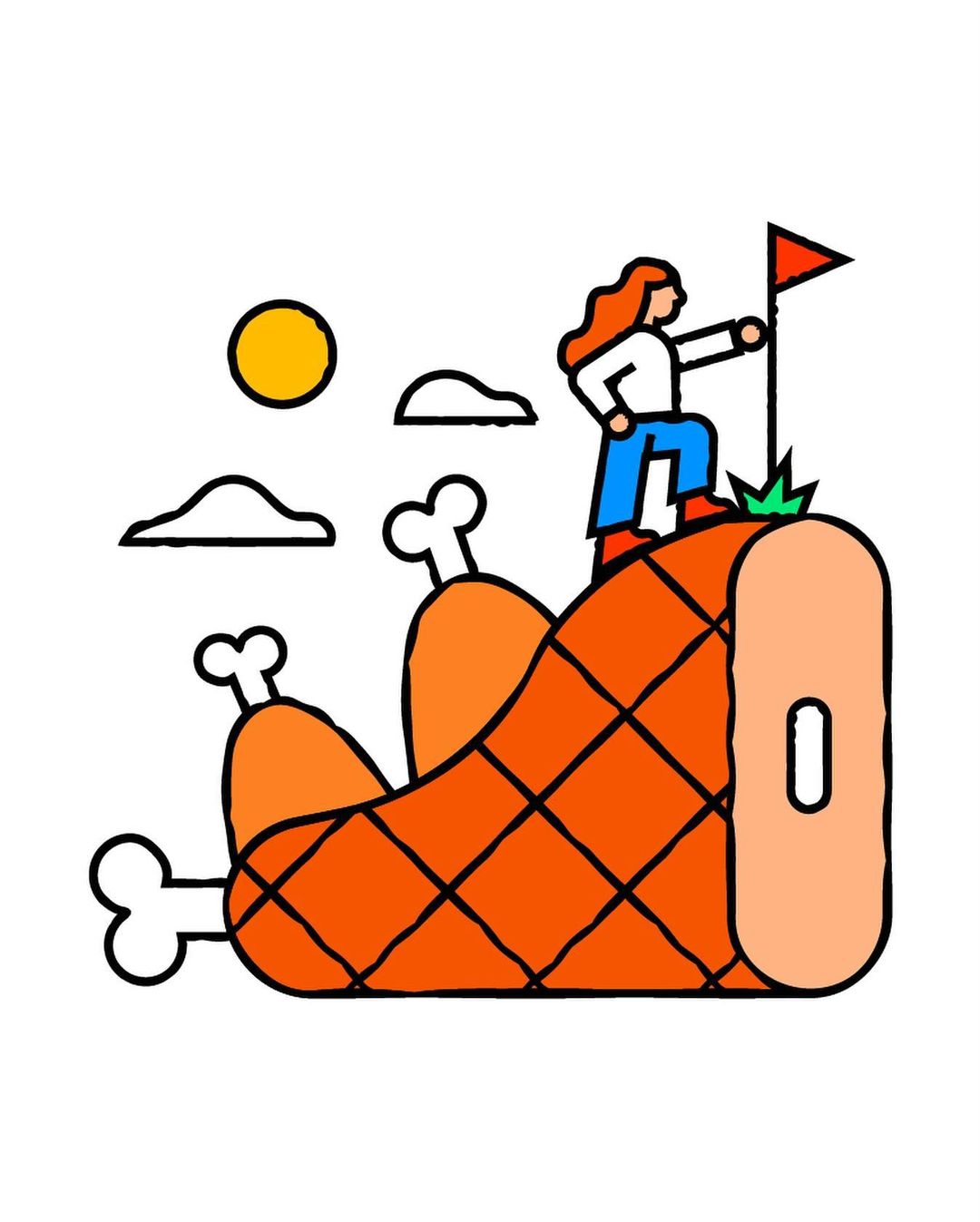 Illustration of a woman planting a flag on a large ham. Graphic design style, flat colors, cartoon clouds, and sun against white.