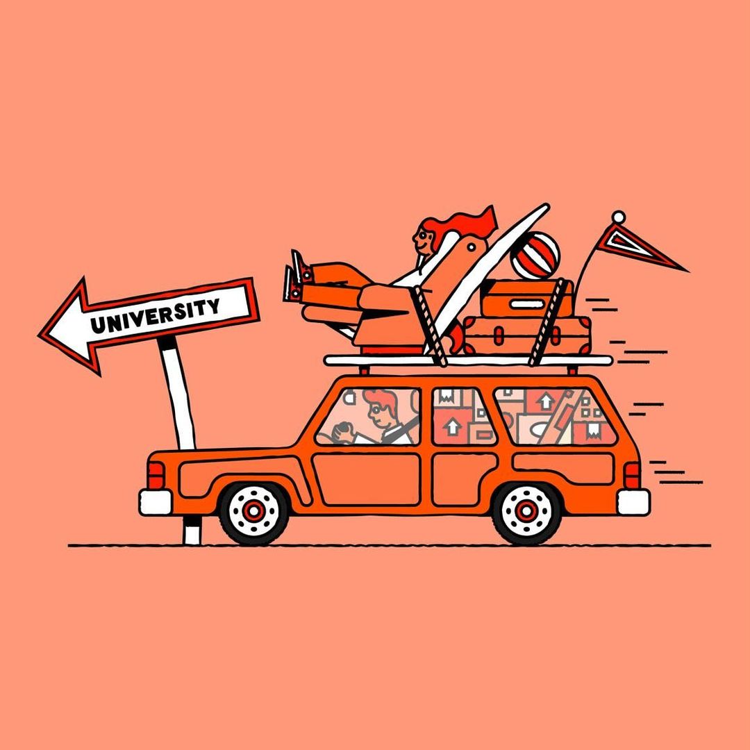 Illustration of orange car headed to university with luggage and person on top. Driver and boxes are visible through windows.