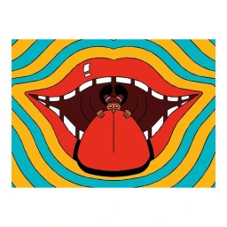 Colorful illustration of a wide open mouth with a small figure holding onto a large red tongue against a wavy yellow and blue background