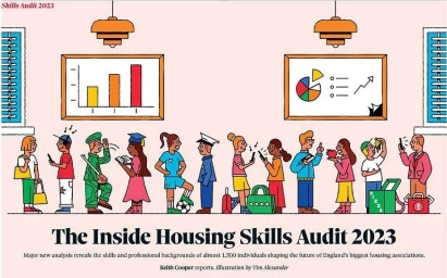 Illustrated group of diverse professionals and people standing in an office with charts on the wall and lamps hanging from the ceiling.