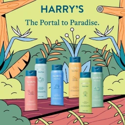 Illustrated product display of six colorful Harry's body wash bottles arranged against a stylized natural background.