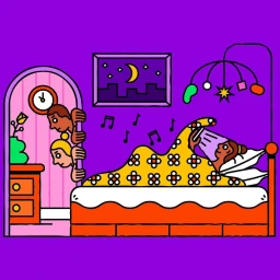 Colorful vector illustration by Tim Alexander showing a person in bed looking at a phone while two figures peek through a doorway.