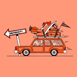 Illustration of an orange car packed with luggage and furniture driving past a university sign on a peach background.