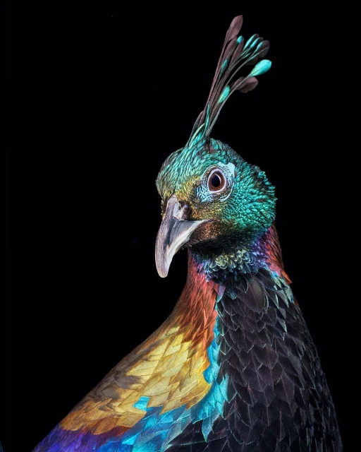 Close-up portrait of an Impeyan pheasant showcasing vibrant blue, green, and purple plumage against a stark black background.