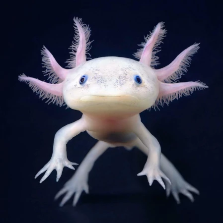 Close-up of a pale pink Axolotl salamander with external gills, tiny blue eyes, and small claws, swimming in dark blue water.