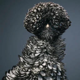 Close-up portrait of a Polish chicken with voluminous black and white feathered crest against a grey background.