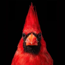Close-up portrait of a vibrant red cardinal bird with a prominent crest against a solid black background.