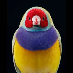 Close-up portrait of a colorful Gouldian finch with red face, purple chest, and yellow belly against a black background.