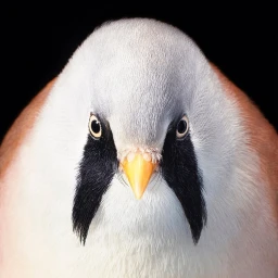 Close-up portrait of a bearded reedling bird against a black background showing fine grey feathers and distinctive black facial markings.