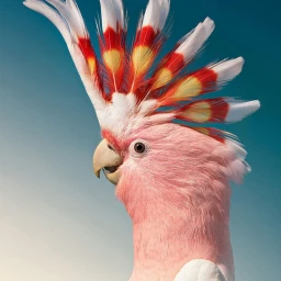 Close-up profile of a pink cockatoo with an elaborate crest of red, yellow, and white feathers against a blue sky.