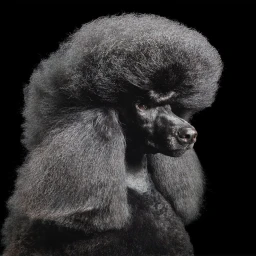 Close-up portrait of a black poodle with an elaborate fluffy haircut against a solid black background.