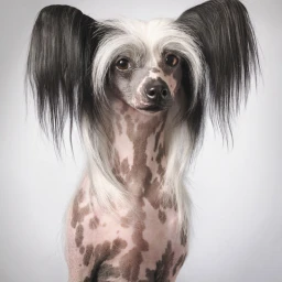 Portrait of a Chinese Crested dog featuring spotted skin and long dark ear fringe hair against a plain background