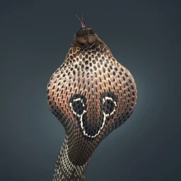 Close-up studio portrait of a cobra snake rearing up with its hood flared, displaying intricate scale patterns and forked tongue against a dark background