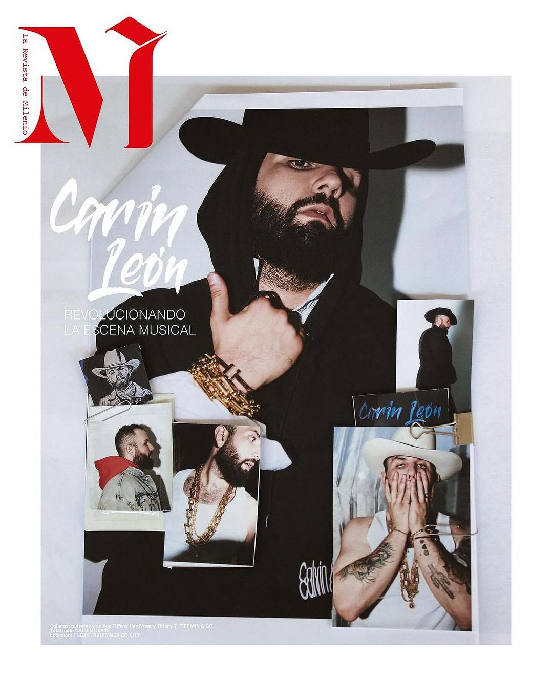 Magazine cover featuring Carin Leon wearing a hat and jewelry, along with smaller photos. Bold red 'M' and white text.