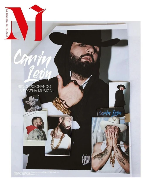 Magazine cover featuring Carin Leon wearing a hat and jewelry, along with smaller photos. Bold red 'M' and white text.