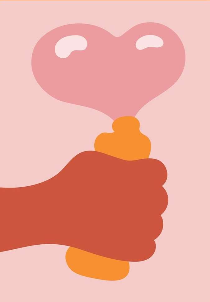 Abstract graphic art showing a hand holding an amber-colored object that has a pink, heart-shaped cloud or bubble emanating from it.