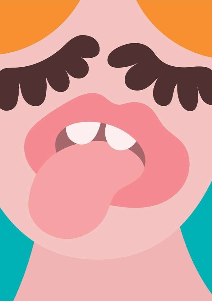 Illustration of a close-up of a face with an extended tongue, bold eyelashes, pink lips, and a simple, stylized design.