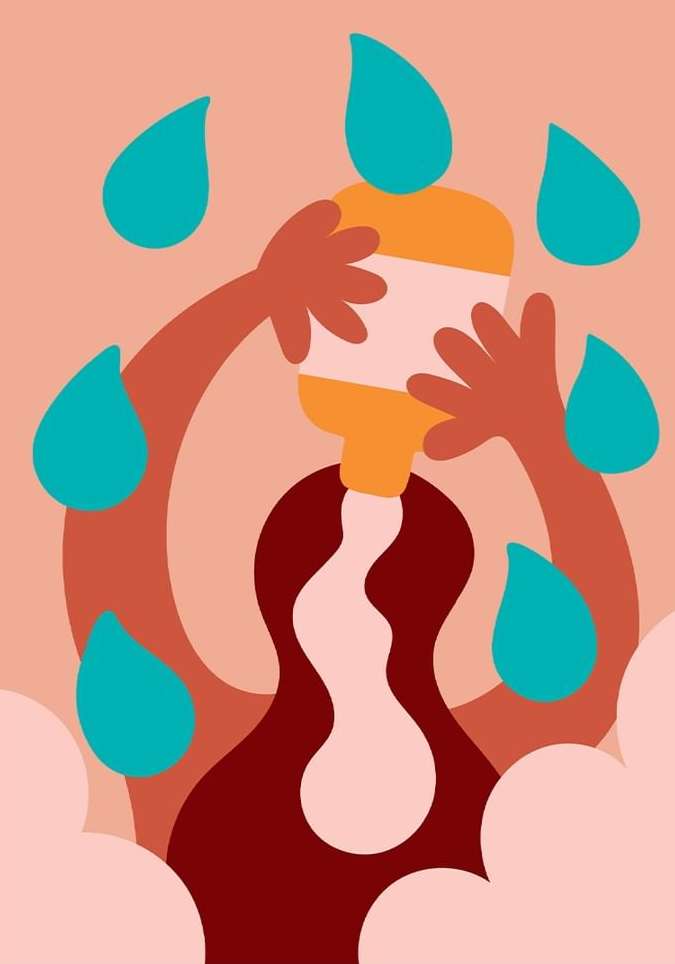 Graphic illustration of a stylized person pouring a golden liquid over themselves, surrounded by blue teardrop shapes on a peach backdrop.