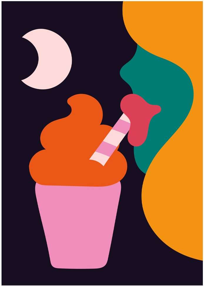 Abstract illustration of a pink cup of orange dessert with a straw, a woman’s silhouette drinking, and a crescent moon against a dark background.