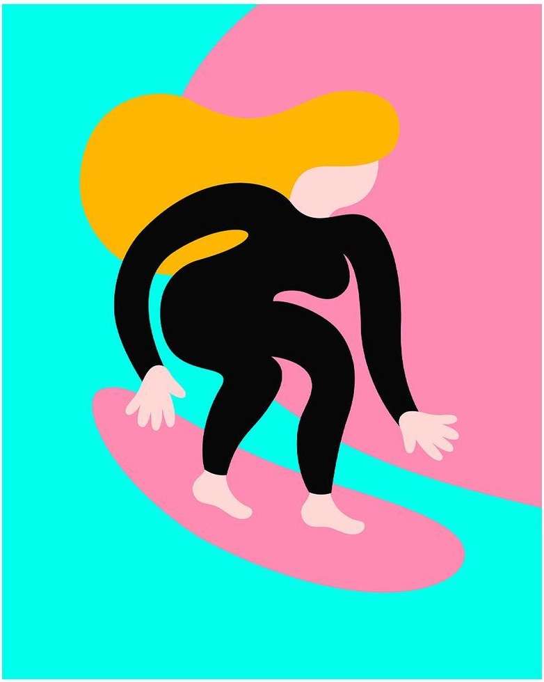 Illustration of a female surfer in a black wetsuit riding a pink surfboard against a colorful pink, yellow, and cyan backdrop.