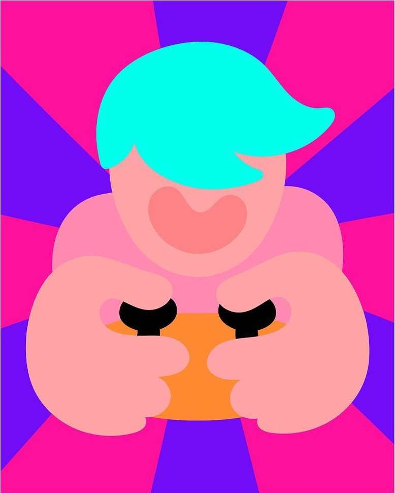 Illustration of a cartoonish person with turquoise hair holding a tablet against a pink and purple radial background, vibrant and playful.