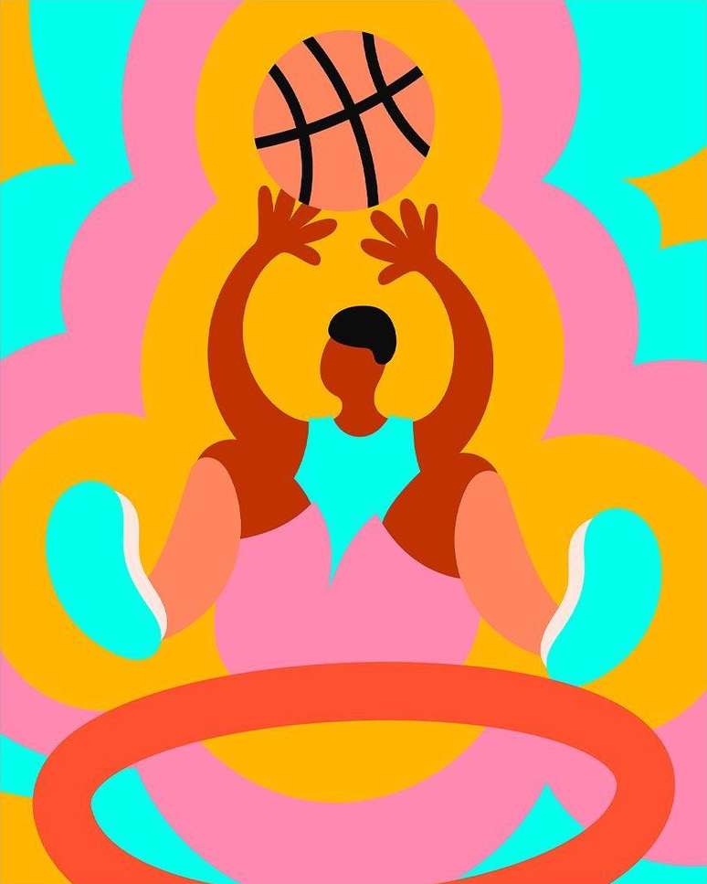 Illustration of a person reaching for a basketball against a colorful geometric background, featuring pink, orange, and teal.