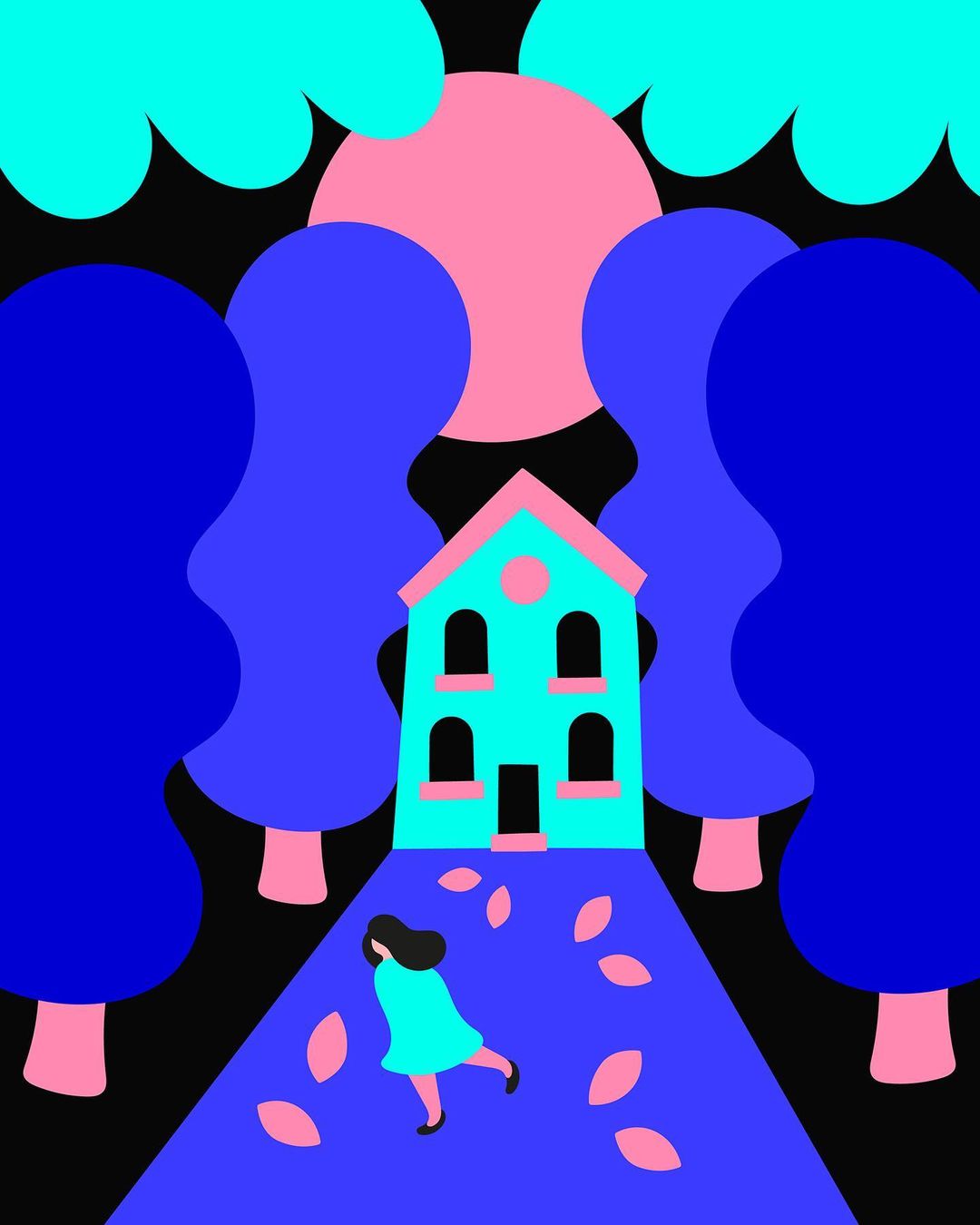 Illustration of a person walking on a path toward a house surrounded by trees under a moon and clouds in a vector style.