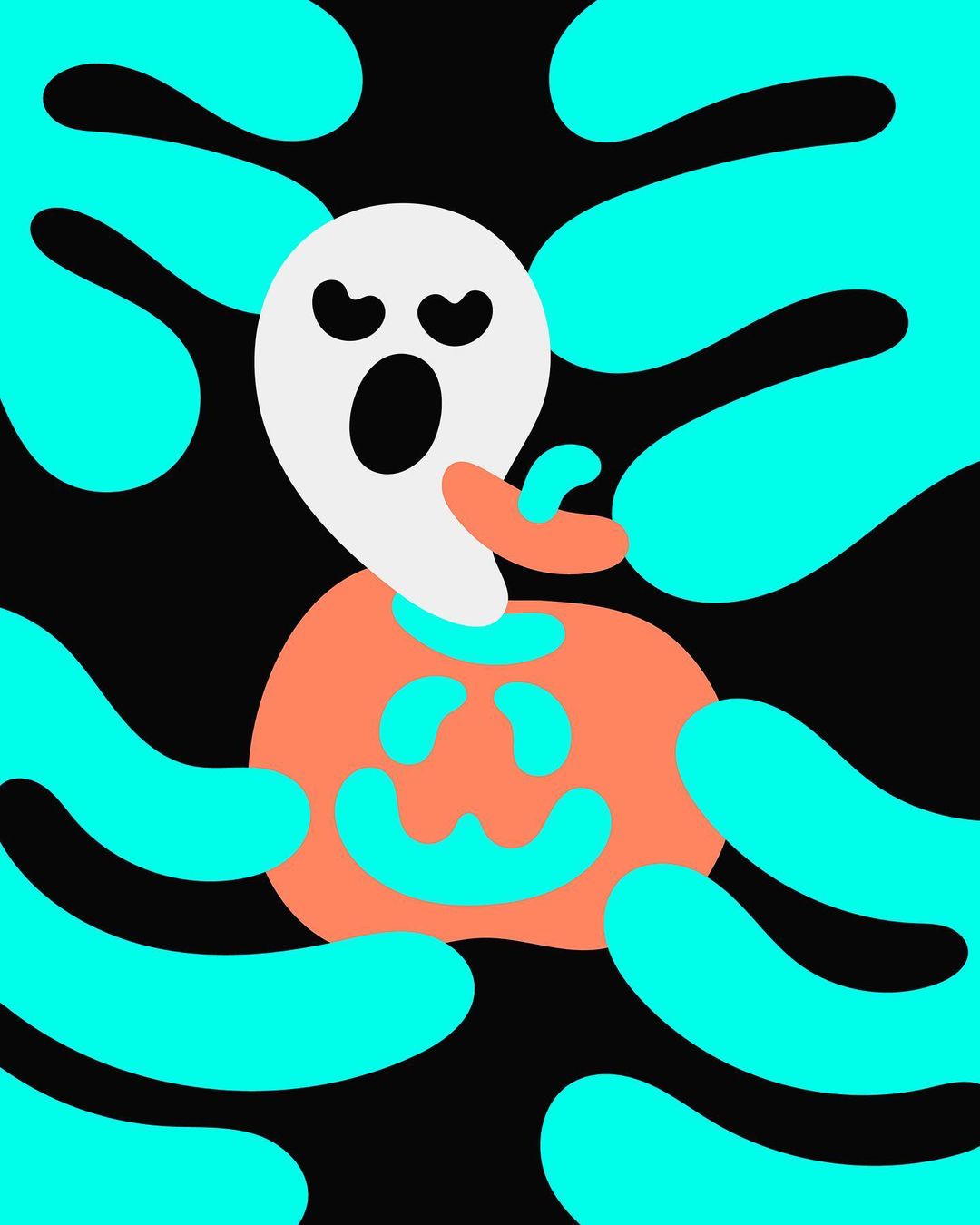 Illustration of a ghost emerging from a pumpkin, set against a black background with light blue abstract shapes. Halloween theme.