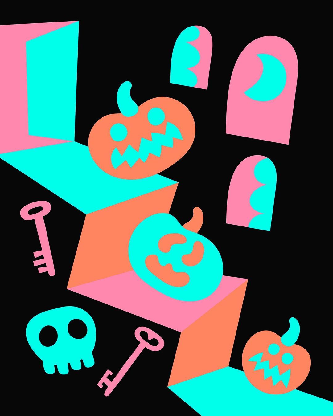 Whimsical digital art illustration of Halloween pumpkins, keys, and skull on stacked platforms against a black background.