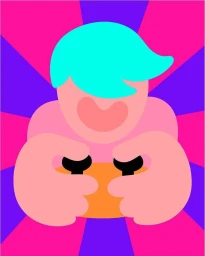 Colorful vector illustration of a person with turquoise hair playing a video game against a pink and purple rayed background.