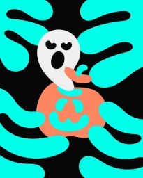 Digital illustration of a white ghost character holding an orange pumpkin surrounded by glowing turquoise shapes against a black background
