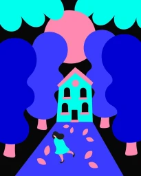 Digital illustration of a person walking up a path toward a turquoise house framed by vibrant blue trees and a pink circle sun.