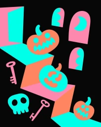 Digital illustration of glowing jack-o-lantern pumpkins, keys, and a skull on a zigzag staircase against a black background.