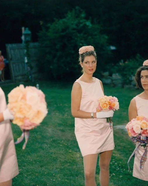 Bridesmaids in pink dresses and matching hats hold flower bouquets outside in a grassy area with green trees and a white building.