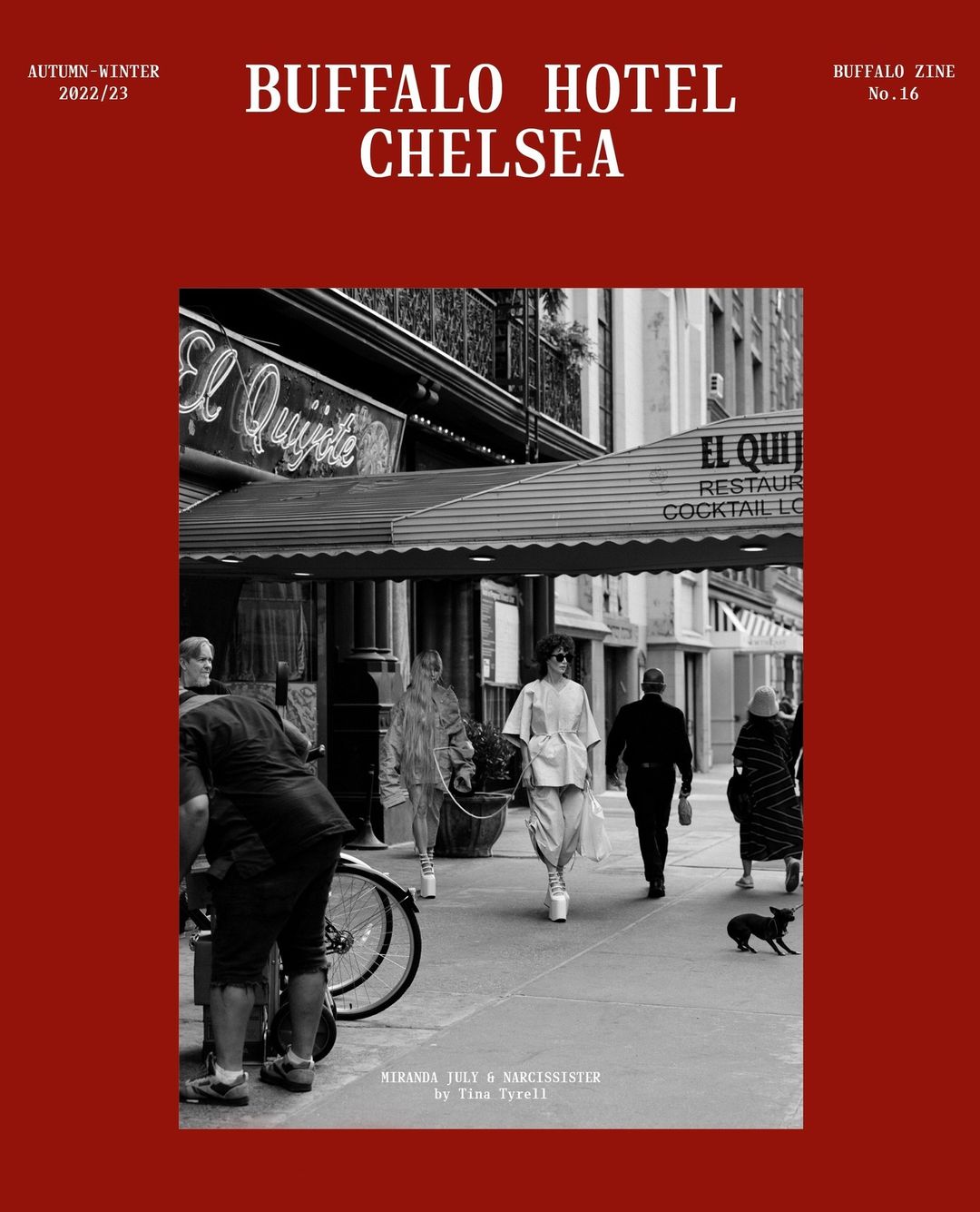 Black and white street scene featuring people walking near a restaurant with awnings, captured in a vintage, editorial style.