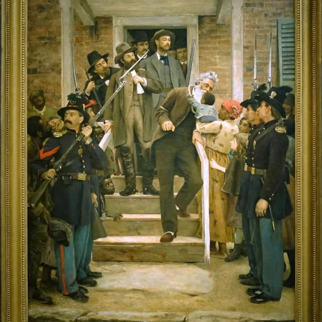 Painting of a group of people on a porch and stairs, including soldiers and men in hats, one holding a baby, in an outdoor setting.