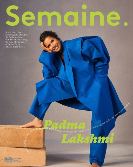Padma Lakshmi poses in a blue outfit on a magazine cover with stacked boxes. Fashion editorial featuring a celebrity.