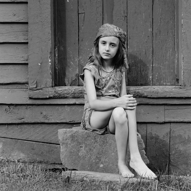 A girl with a patterned headscarf sits on a stone step in front of a weathered wooden building in this black and white photograph.