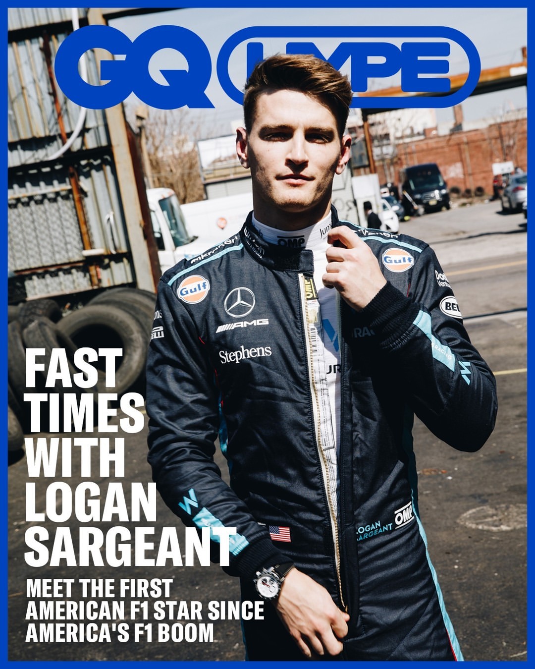 Magazine cover featuring Logan Sargeant in racing suit, tires, and urban setting, promoting F1 boom in America and fast times.