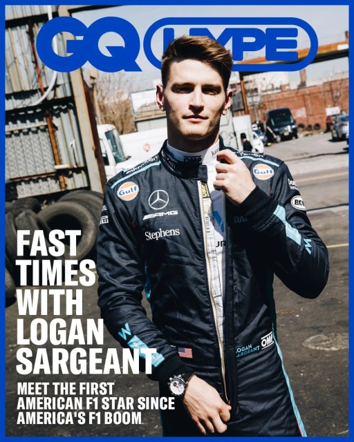 Magazine cover featuring Logan Sargeant in racing suit, tires, and urban setting, promoting F1 boom in America and fast times.